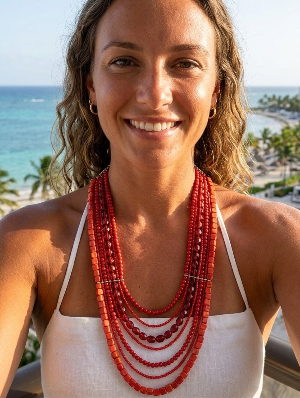 Multi Layard Red Beaded Statement Necklace - Women Jewelry